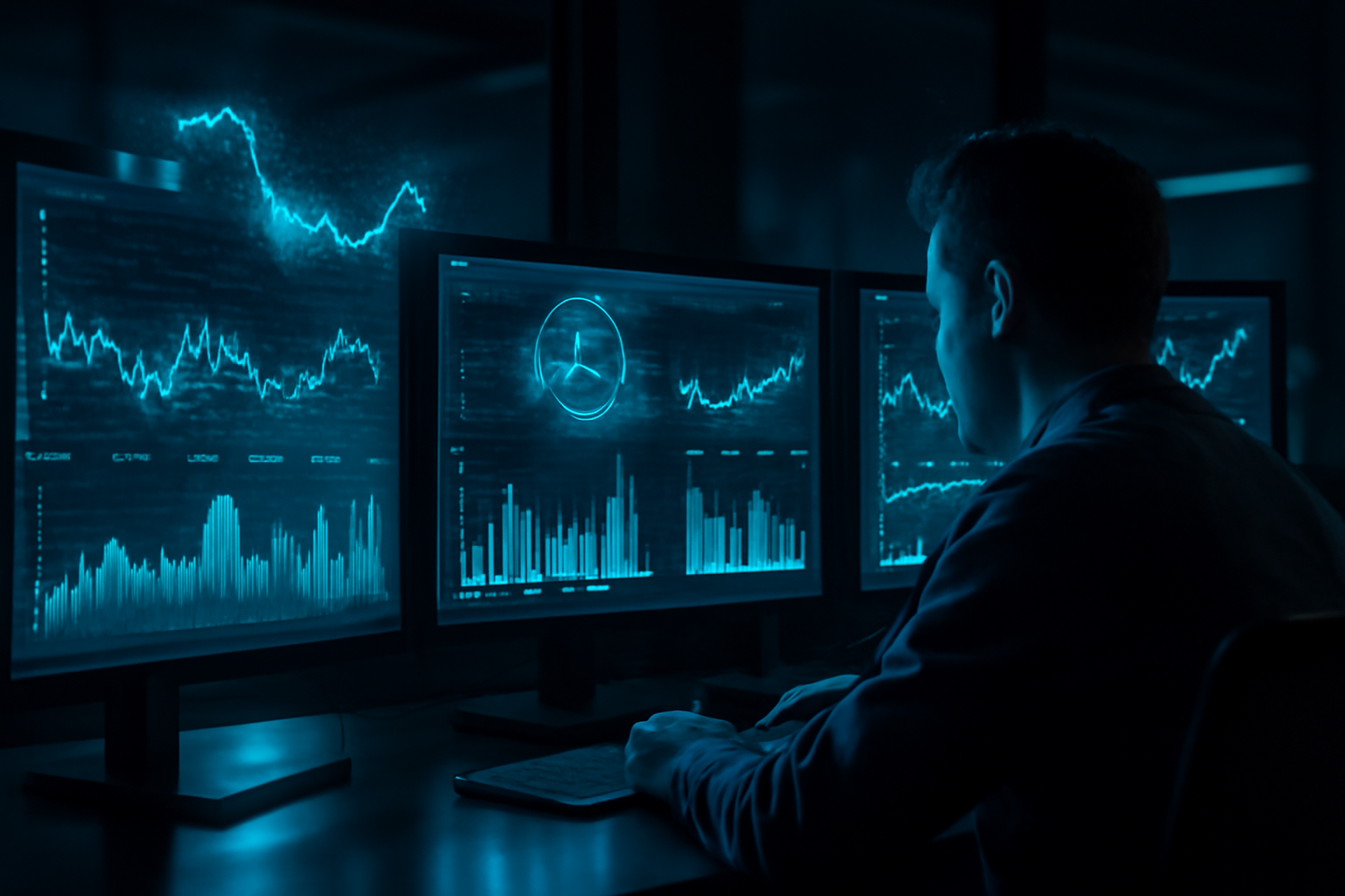 Real-time data analytics dashboard showing live streaming data and charts on multiple monitors in a modern office